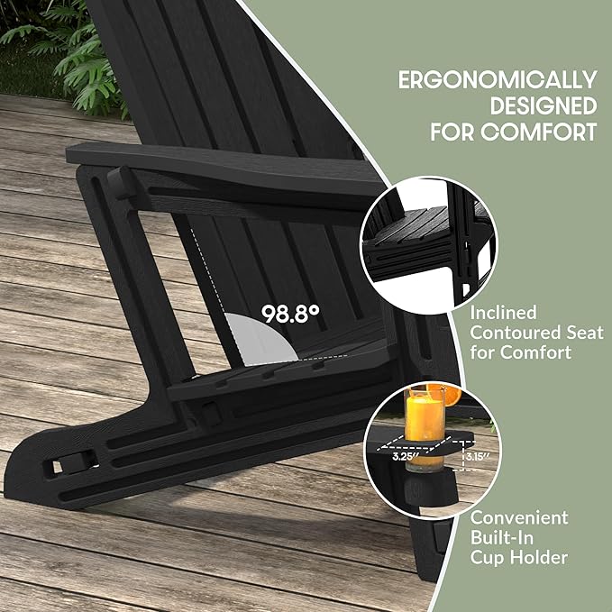 WestinTrends Azura Outdoor HDPE Adirondack Chairs with Connecting Table Tray (Set of 2), Black