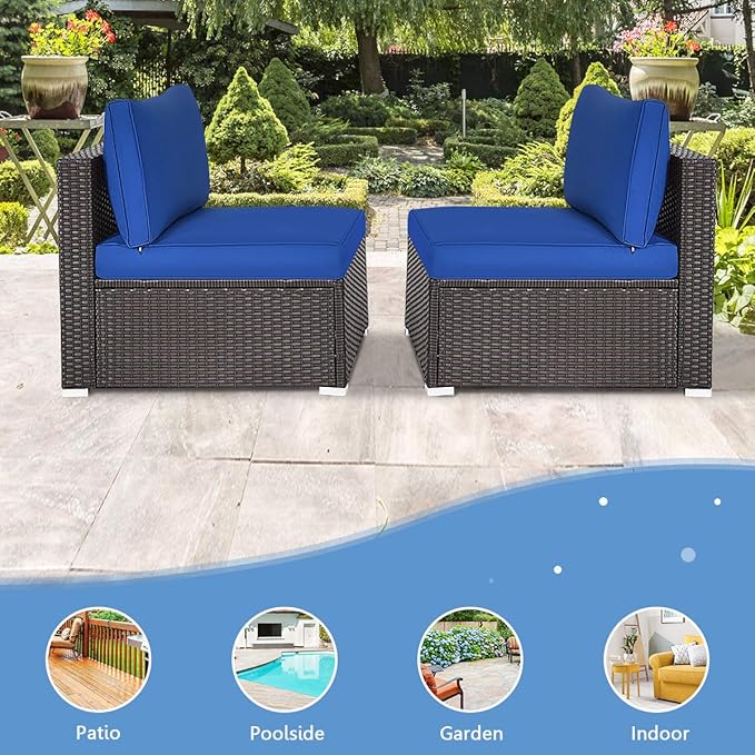 DORTALA 2 Piece Wicker Sectional Armless Chairs, Outdoor Rattan Sectional Sofa Set w/Cushions for Seat and Back, Additional Seats for Garden Balcony Patio Poolside, Navy