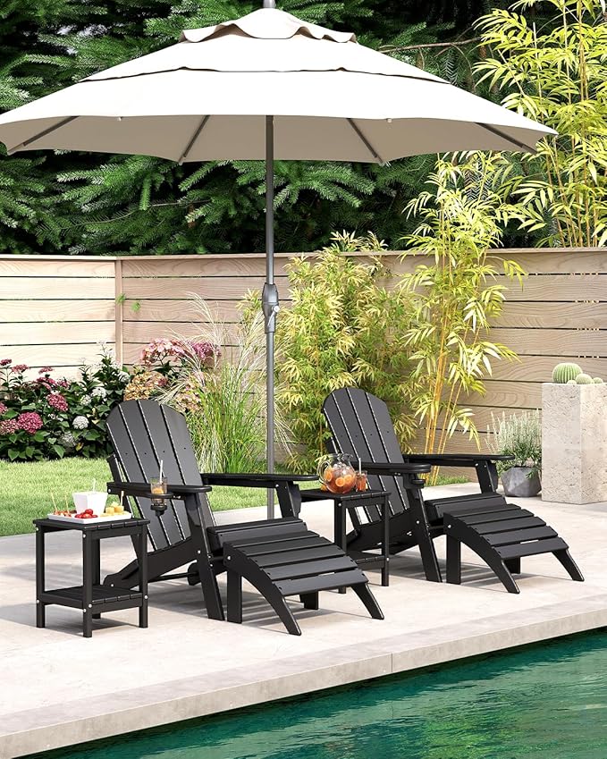 BRIOPAWS Folding-Adirondack-Chairs Set of 6 | HDPE | Fire Pit Chair | Cup Holder | Weather Resistance | Black | for Outdoor Backyard Deck Patio