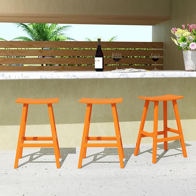 Costaelm All-Weather Bar Stools Set of 3, 29" Height Outdoor Bar Stools, Adirondack Poly Patio Bar Stool for Patio, Deck, Kitchen Counter and Garden, Orange