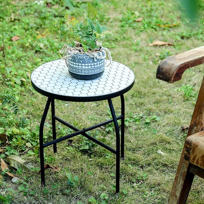 VCUTEKA Mosaic Outdoor Side Table - Small Patio Table Coffee Outside Accent Tables Round End Plant Tables for Bistro Balcony Porch Outdoor Benches 14'' White