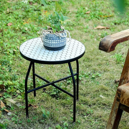 VCUTEKA Mosaic Outdoor Side Table - Small Patio Table Coffee Outside Accent Tables Round End Plant Tables for Bistro Balcony Porch Outdoor Benches 14'' White
