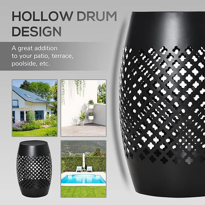 Outsunny 12" Steel Outdoor Side Table, Round Hollow Drum Patio End Table, Accent Table for Indoor and Outdoor, Black