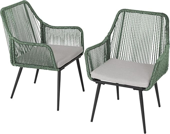 Patio Dining Chairs, Outdoor Dining Chairs with Armrest & Cushion Set of 2, All-Weather Woven Twisted Wicker Rattan Chair, Modern Indoor Outdoor Seating for Garden Lawn Backyard Green