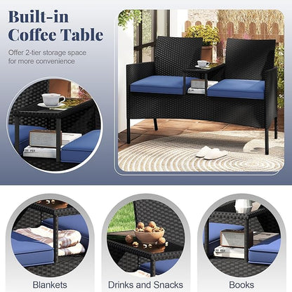 Tangkula Patio Loveseat with Built-in Table, Wicker 2-Seat Furniture with Soft Cushions & Tempered Glass Tabletop, Metal Frame Outdoor Conversation Seating Bench for Backyard, Porch