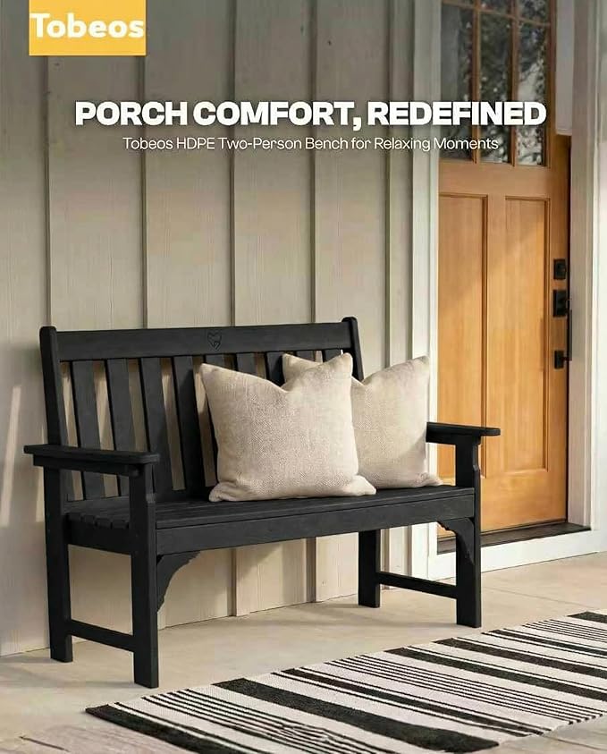 2-Person Outdoor Garden Bench, HDPE All-Weather Patio Bench with Backrest & Armrests, Heavy Duty Outdoor Seating for Porch, Backyard & Park, 660 lbs (Black, 2 Benches)