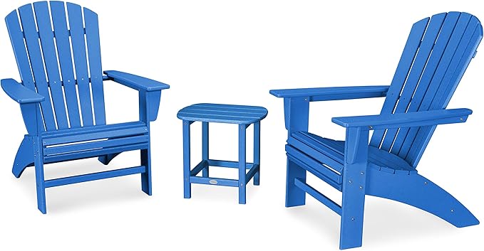 POLYWOOD Nautical 3-Piece Curveback Adirondack Chair Set with Side Table - HDPE Outdoor Patio Furniture for Deck, Dock, Lake House, Fire Pit - Fade-Resistant All-Season Chairs (Multiple Colors)