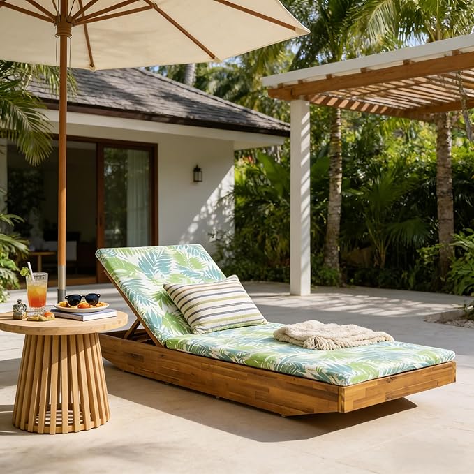 Acacia Wood Chaise Lounge with 2-Fold Thin Cushion - Teak Finish Outdoor Recliner with Dark Gray Water-Repellent Cushion, 79.6" L x 29" W, 300 lbs