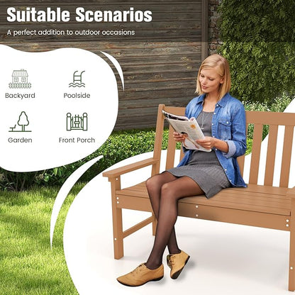 Tangkula HDPE Outdoor Garden Bench with Backrest, 2-Person All-Weather Patio Loveseat Chair with Slatted Seat, 705 lbs Weight Capacity, Patio Benches for Balcony, Garden, Porch, Backyard & Park, Brown