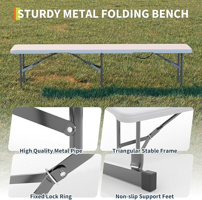 6ft Plastic Folding Bench with Carrying Handle & Lock, Portable Outdoor Bench in Garden Picnic Camping Dining Party Seat, Waterproof Bench for Soccer Activities