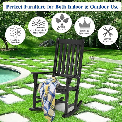 Giantex Rocking Chair Acacia Wood Frame Outdoor& Indoor for Garden, Lawn, Balcony, Backyard and Patio Porch Rocker (1, Black)