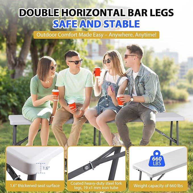 ZENY 6ft Plastic Folding Bench 2 Pack, Portable Outdoor Bench for Picnic Camping Dining Party Garden, Soccer Multipurpose Entertaining Activities, White