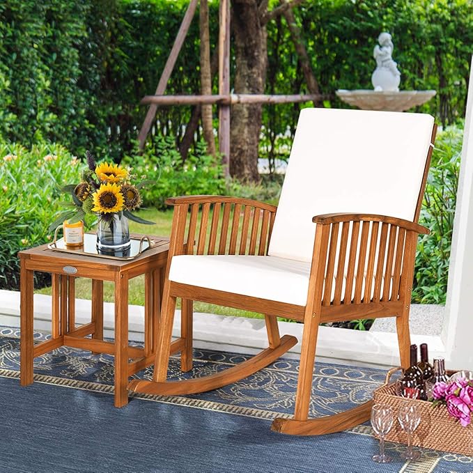 Tangkula Acacia Wood Patio Bistro Set, Outdoor Rocking Chair with Table, Porch Rocker with Thick Cushion of Detachable Cover, Porch Rocking Chair Table Set for Outdoor Indoor Patio Backyard, Teak