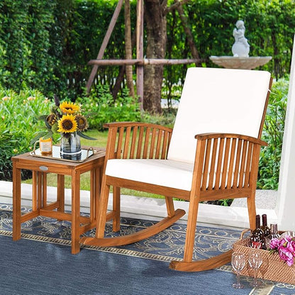 Tangkula Acacia Wood Patio Bistro Set, Outdoor Rocking Chair with Table, Porch Rocker with Thick Cushion of Detachable Cover, Porch Rocking Chair Table Set for Outdoor Indoor Patio Backyard, Teak