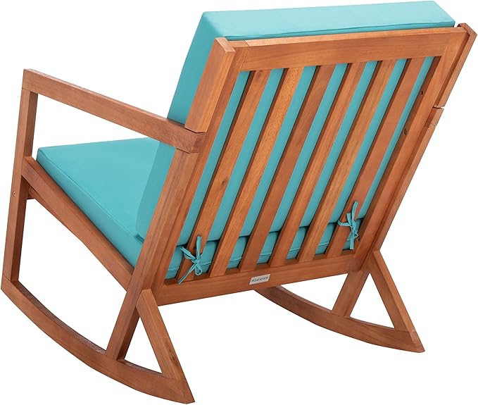 Safavieh Outdoor Collection Vernon Wood Blue Cushion Rocking Chair PAT7013Q, Natural/Aqua