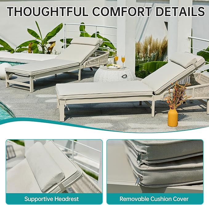 Aluminum Outdoor Lounge Chaise Chair with 2" Thick Cushion & Pillow, 5-Position Adjustable Patio Chaise Lounge with Wheels, 350lbs Capacity Pool Sun Lounge for Deck, Backyard, Beach (1 Chair)