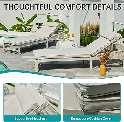 Aluminum Outdoor Lounge Chaise Chair with 2" Thick Cushion & Pillow, 5-Position Adjustable Patio Chaise Lounge with Wheels, 350lbs Capacity Pool Sun Lounge for Deck, Backyard, Beach (1 Chair)