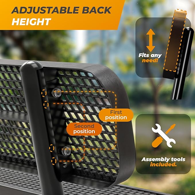 Heavy-Duty Outdoor Metal Bench, Thermoplastic-Coated, Portable, Weatherproof, Commercial-Grade for Parks, Gardens, Patios, Stores & More (8 Ft - Portable with Back, Black)