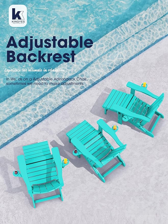 KINGYES Folding Adjustable Adirondack Chair with Ottoman & 2 Cup Holders, HDPE Adirondack Recliner Chair with Footrest, Aruba