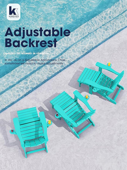 KINGYES Folding Adjustable Adirondack Chair with Ottoman & 2 Cup Holders, HDPE Adirondack Recliner Chair with Footrest, Aruba