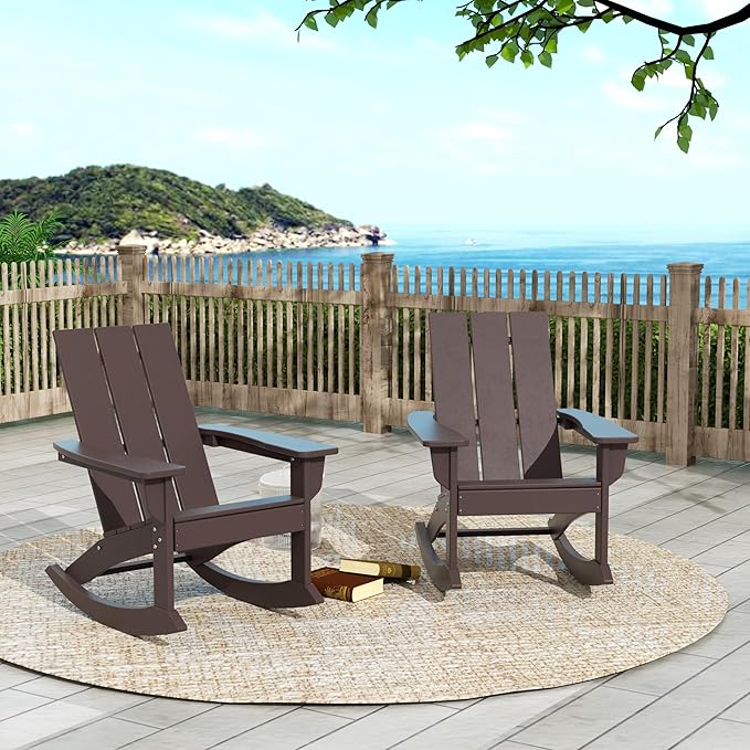 WO WESTIN OUTDOOR HDPE Shoreside Modern Rocking Poly Adirondack Chair (Set of 2),Dark Brown