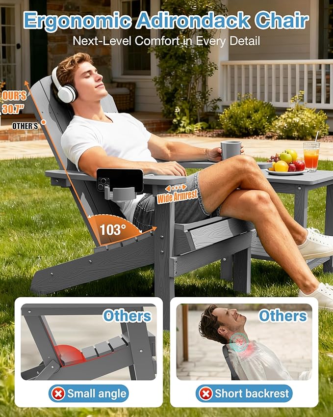 YEFU Adirondack Chairs Set of 2 for Patio: Zero Gravity Fire Pit Chairs Plastic with Cup Holders & Wood Texture - Sturdy All-Weather HIPS for Outdoor Backyard Lawn - Easy Assembly(Grey)