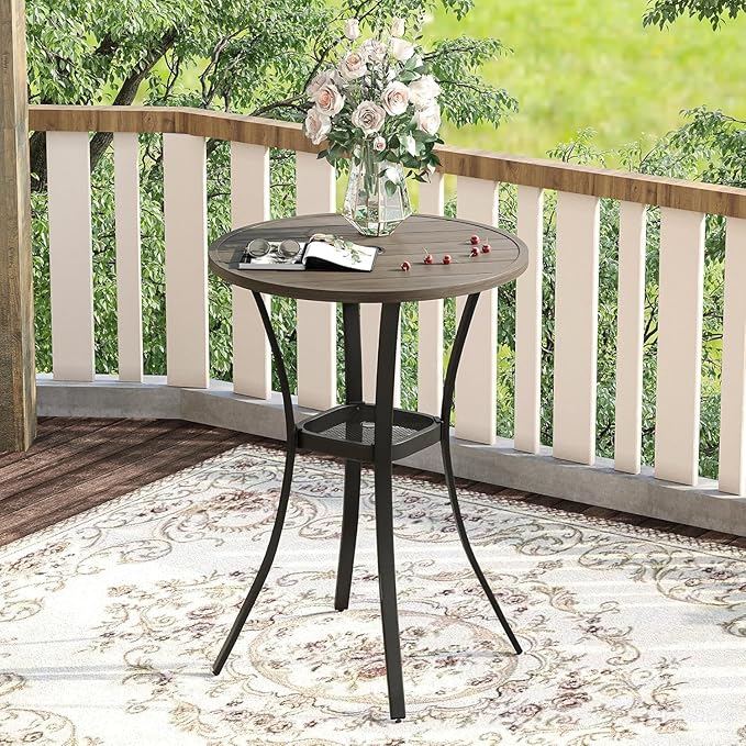 VICLLAX 28" Round Outdoor Bar Table with Adjustable Umbrella Hole, Counter Height Outdoor Furniture for Balcony, Grey Wood-Like