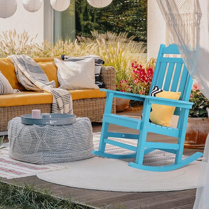 Rocking Chair, All Weather Resistant Poly Lumber Outdoor Porch Rocker, Rocking Chairs for Outdoor, Indoor, Patio, Deck, Garden, Backyard, Load Bearing 380 lbs - Lake Blue