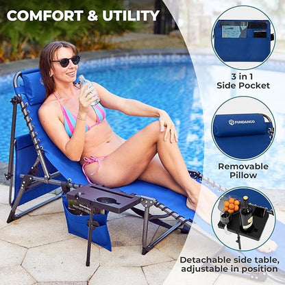 FUNDANGO 4 in 1 Tanning Chair with Face Hole, Beach Lounge Chair w/Canopy Shade & Side Table Chaise Lounge Chairs for Patio, Pool, Lawn, Sunbathing, 5-Position Adjustable Sun Lounger, Set of 2 Blue