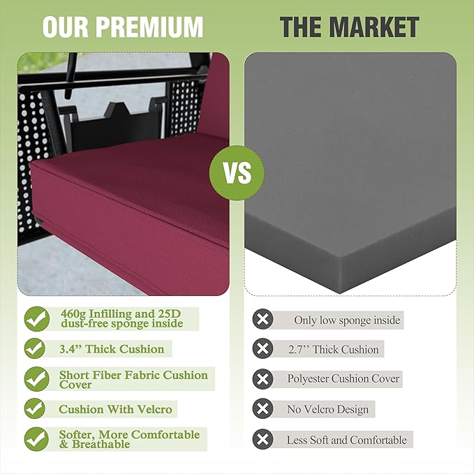 MUPATER Patio Porch Swing Chair with Canopy, 3-Person Outdoor Canopy Swing Glider with Stand, Cushions and Side Table for Outside, 2-in-1 Swing Chair Bench with Cushion for Backyard,Wine Red