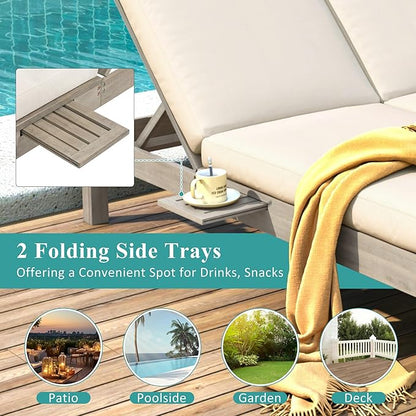 SOFTSEA Patio Double Chaise Lounge with 5-Position Adjustable Backrest, Outdoor Chaise Lounge with Cushions for 2 People, Wooden Outdoor Daybed with Folding Side Trays for Pool Backyard, Gray