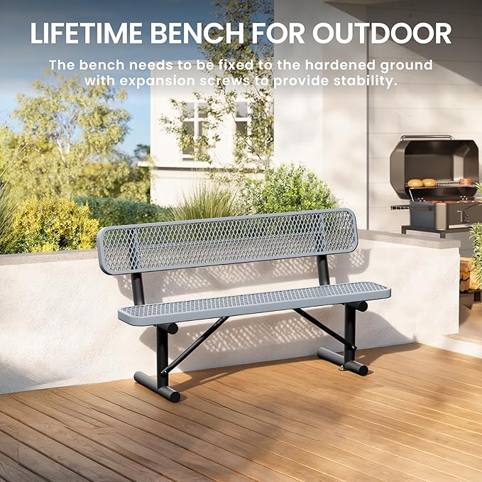 6 Feet Steel Park Bench for Outside, Outdoor Bench with Backrest & Portable Frame, Commercial Benches for Shopping Malls, Stores, Parks, Patios, Decks, Grey