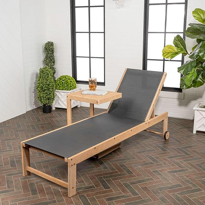 JONATHAN Y LNG1100B-2SET Trabuco Coastal Modern Acacia Wood Mesh 3-Position Outdoor Chaise Lounge Set with Side Table Transitional, Classic, Minimalist, Traditional, Contemporary, Dark Gray/Light Teak