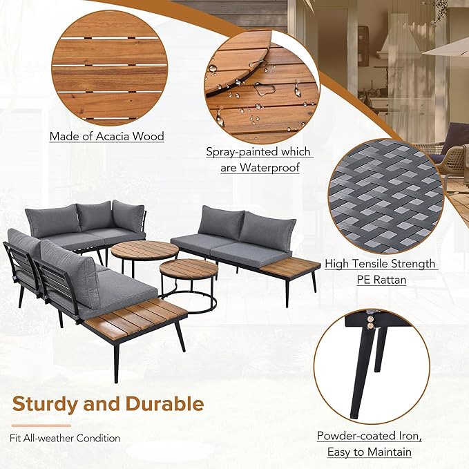 Modern Outdoor Sectional Sofa Set with Round Nesting Coffee Tables and Cushions, 6-Piece Patio Furniture Set for Porch - Photo 5