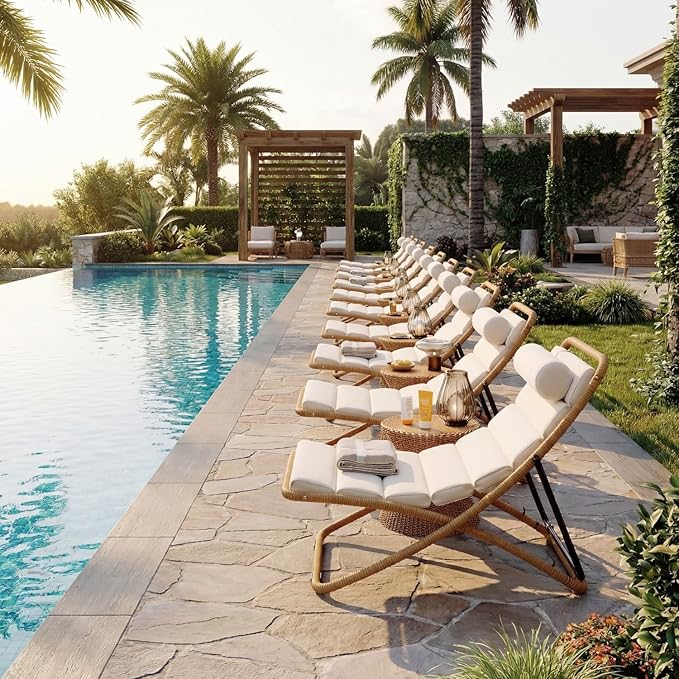 Outdoor Chaise Lounge Chair Set of 2, Patio Chaise Lounge Recliner, Poolside Chaise Lounge with Thick All-Weather Cushions for Patio, Deck and Backyard(D)