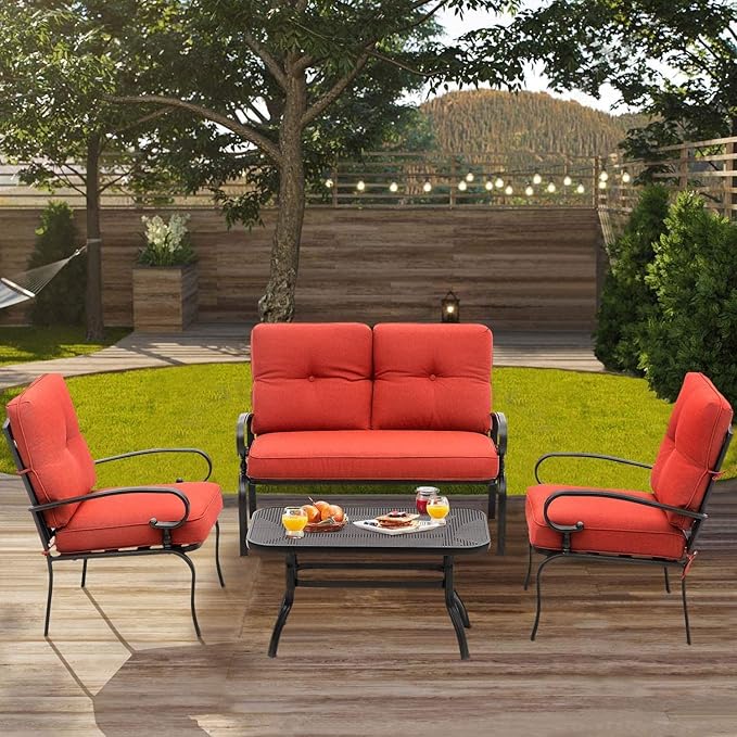 Outdoor Furniture Patio Conversation Set Loveseat, 2 Chairs, Coffee Table with Cushion, Lawn Front Porch Garden - Photo 2