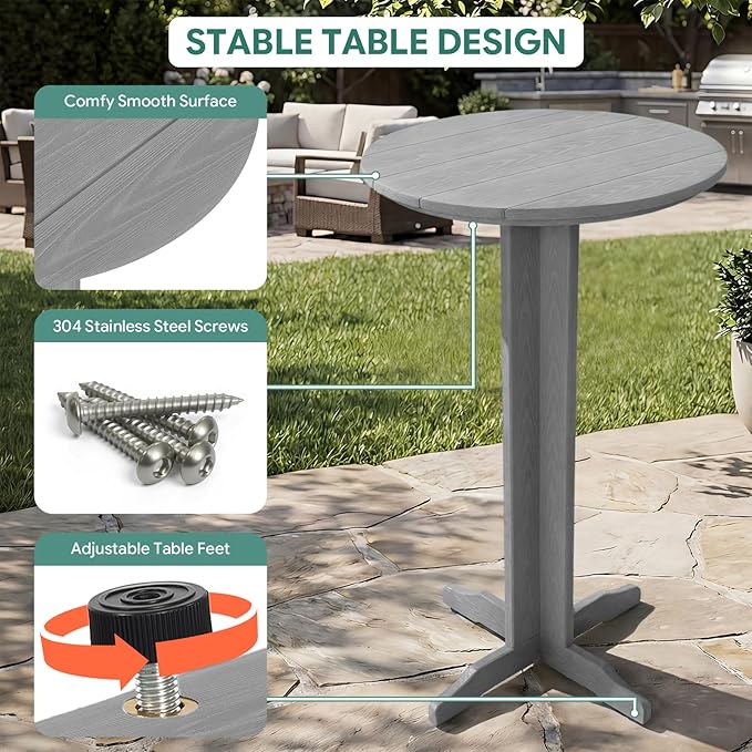 Outdoor Round Bar Table, 43 Inch All-Weather HDPE Bar Height Pub Table with Adjustable Feet, Heavy Duty High Top Bistro Table for Garden, Deck, Poolside,Backyard (Slate Grey)