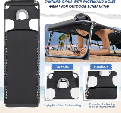 Flamaker Face Down Chaise Lounge Chair 5-Position Adjustable Sunbathing, Foldable Tanning Chair with Face& Arm Holes, Outdoor Recliner Chair for Pool, Beach, Patio, Lawn (Black, 1 Pcs)