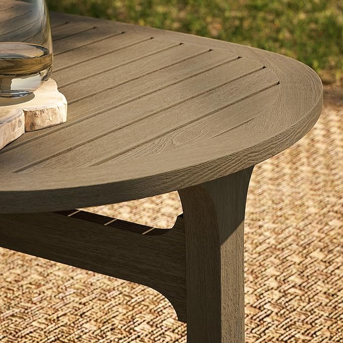 Modway Saratoga Teak Outdoor Oval Coffee Table in Weathered Gray – Low Wood Patio Coffee Table with Slatted Top and Sturdy Base