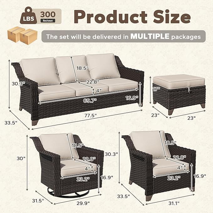 7 Pieces Patio Conversation Furniture Set - 1 Sofa, 2 Armchairs, 2 Ottomans, 2 Swivel Chairs - Photo 2