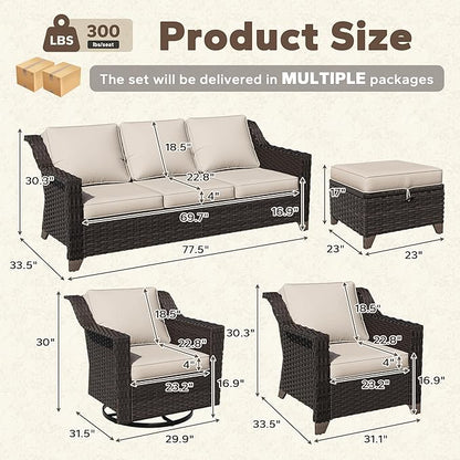 7 Pieces Patio Conversation Furniture Set - 1 Sofa, 2 Armchairs, 2 Ottomans, 2 Swivel Chairs, Outdoor Wicker Furniture with Removable Cushions for Porch, Balcony, Sunroom (Beige)