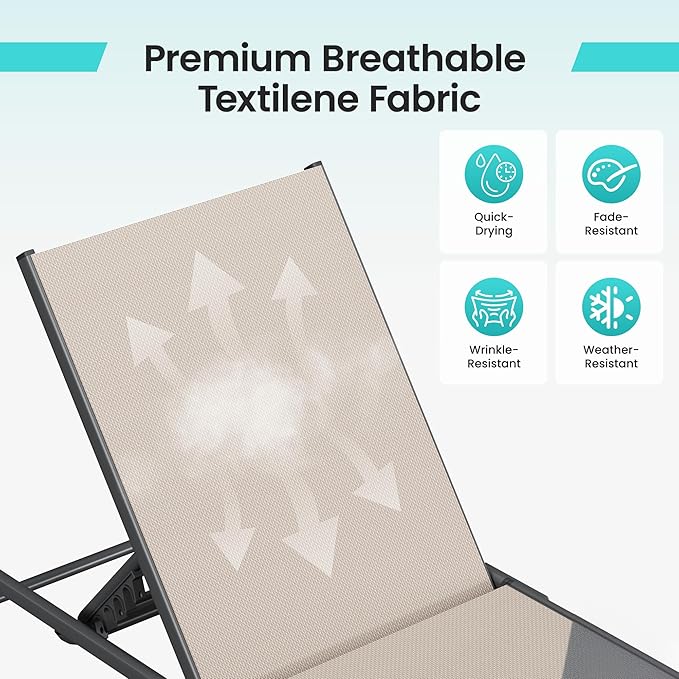 Amopatio Foldable Patio Lounge Chair, Portable Pool Chaise Lounges, Heavy Duty Iron Frame, Breathable Textilene,Weather Resistant, 5-Position Adjustable Backrest, 400 LBS Capacity,Khaki