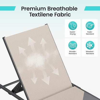 Amopatio Foldable Patio Lounge Chair, Portable Pool Chaise Lounges, Heavy Duty Iron Frame, Breathable Textilene,Weather Resistant, 5-Position Adjustable Backrest, 400 LBS Capacity,Khaki