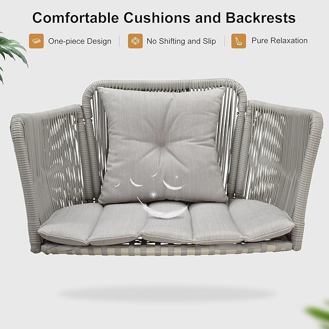 PURPLE LEAF Cloud Swing Chair with Stand Patio Wicker Bench Glider Loveseat Hanging Swinging for Indoor Outside Backyard Garden Outdoor Hammock Porch Swing, Cushion and Pillows Included, Cream