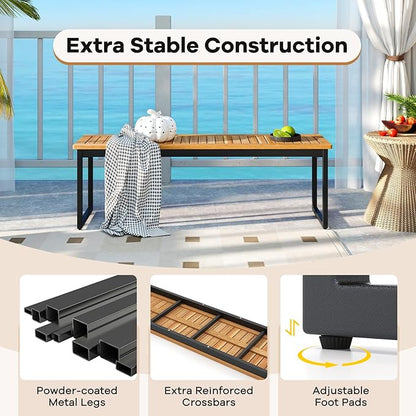 Tangkula Patio Dining Bench, 2-3-person Backless Bench with Slatted Seat & Metal Legs, Indoor Outdoor Bench for Entryway, Front Porch, Garden, Poolside, Farmhouse Kitchen Dining Seat