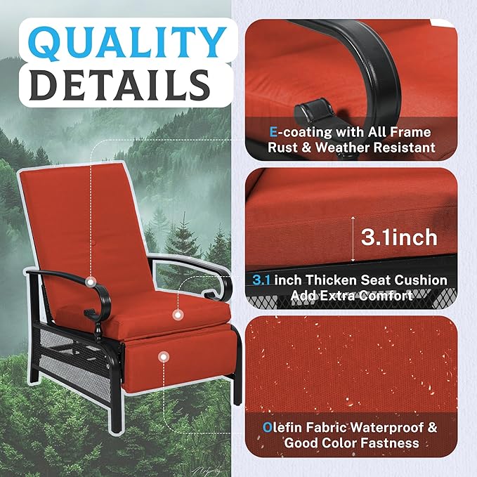 Incbruce 3 Pieces Outdoor Lounge Recliner Set, 2 Adjustable Metal Recliner Sofa Chair and Umbrella Stand Side Square Table Suitable for Garden, Pool, Yard (Red)