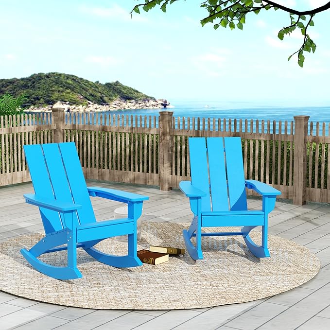 WO WESTIN OUTDOOR HDPE Shoreside Modern Rocking Poly Adirondack Chair (Set of 2),Pacific Blue
