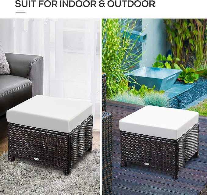 Outsunny 2 Piece 20" Patio Wicker Ottoman with Thick Padded Cushion, Multipurpose Outdoor PE Rattan Footrest, Additional Seating, Side Table, Dark Brown, White