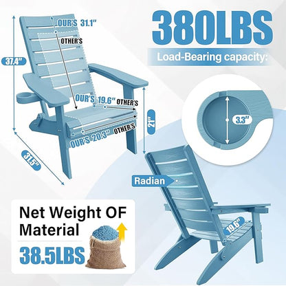 YEFU Adirondack Chair, Folding Adirondack Chairs Set of 4 with Arc Back & Cup Holder, Weather Resistant Plastic Oversized Chair for Outdoor Patio Lawn Garden Backyard Deck Fire Pit, Blue