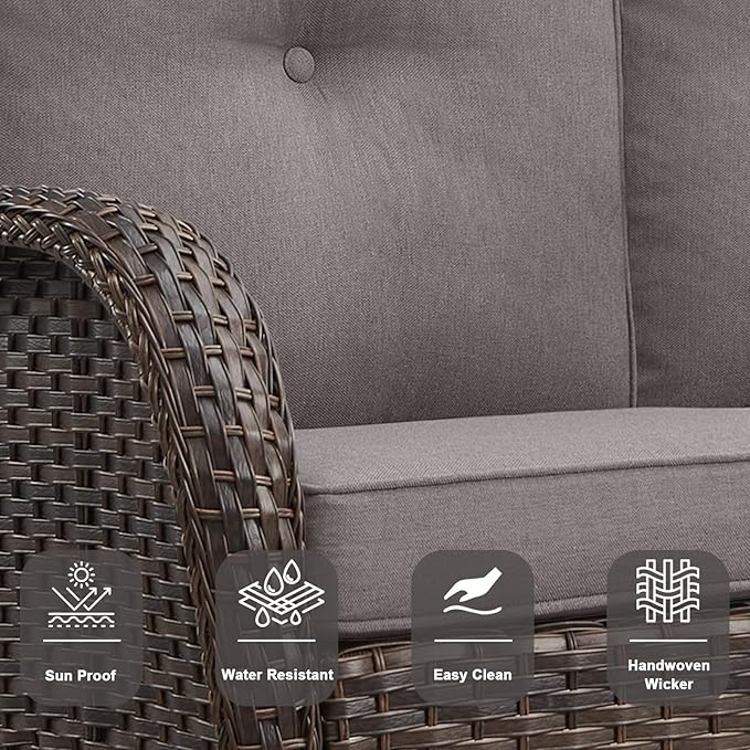 Belord Outdoor Patio Furniture - Wicker Sofa with Removable Cushion, 3 Seater Rattan Couch with Deep Seat, High Backrest, All-Weather for Balcony, Deck, Backyard, Brown/Grey